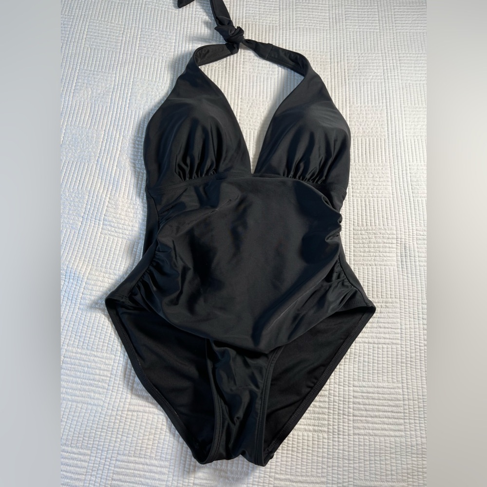 DKNY One Piece Black Swimsuit Glamorous Plunge Neck Halter Rouched Sides Size M